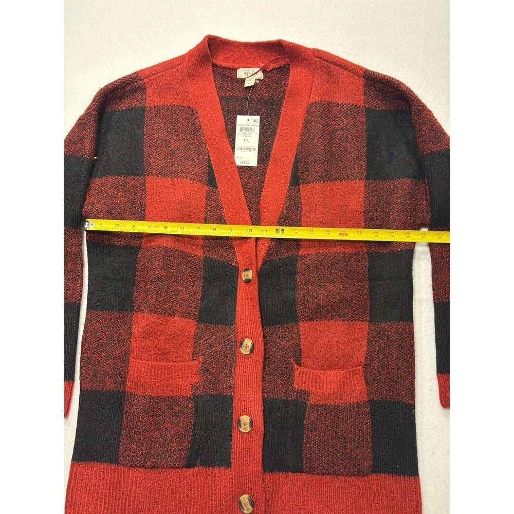 Style&co. Cardigan Womens PL Red Buffalo Plaid Chunky Knit Button Front Pockets