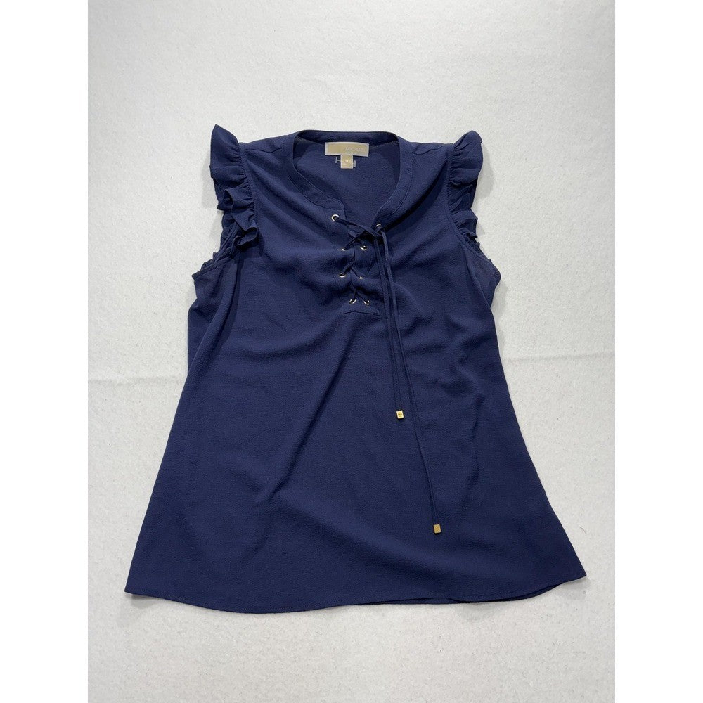 MICHAEL Michael Kors Blouse Womens Medium Blue Lace Up Ruffle Sleeveless Top