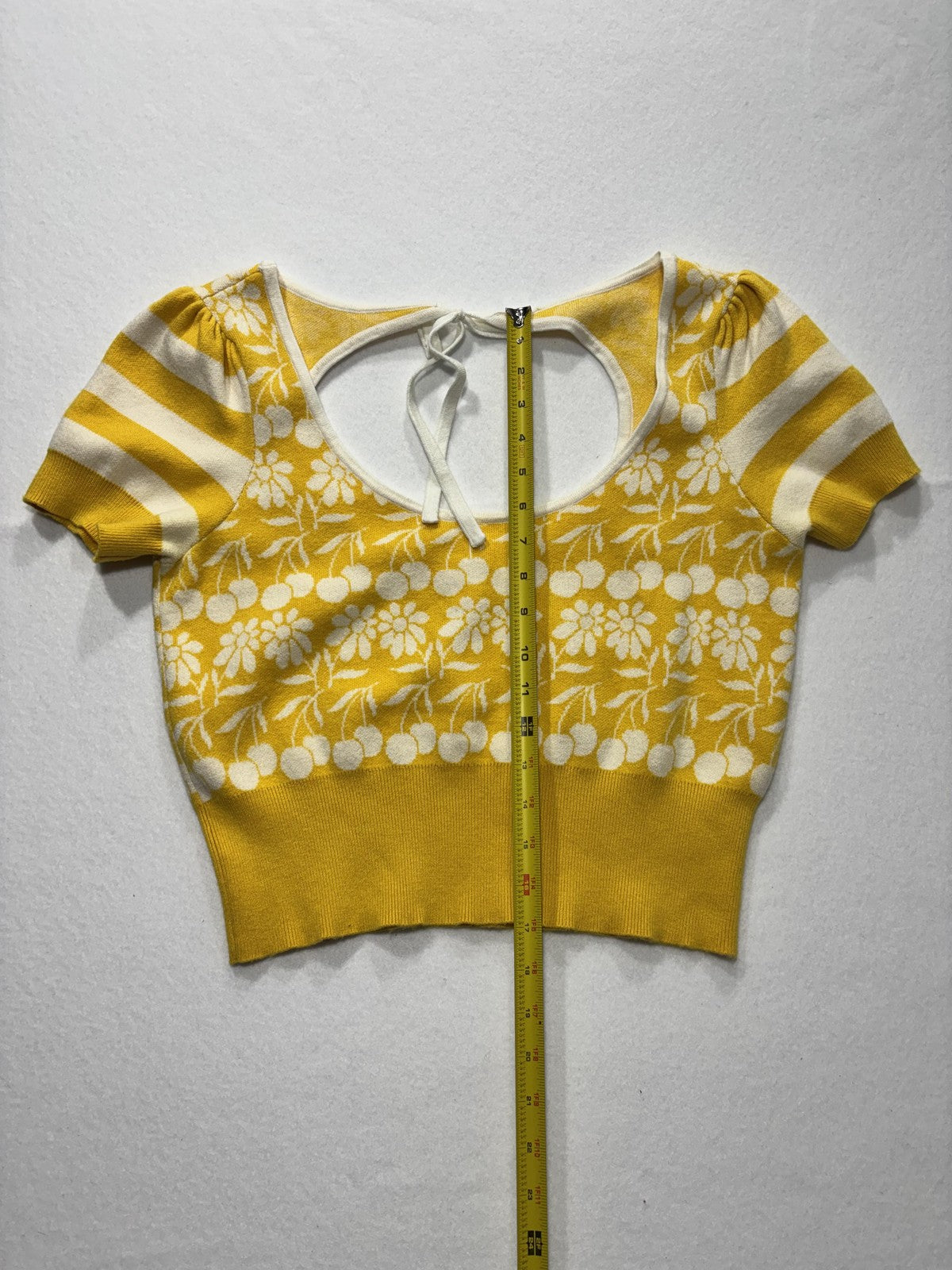 Maeve Sweater Womens Medium Yellow Floral Puff Sleeve Scoop Neck Tie Back Crop