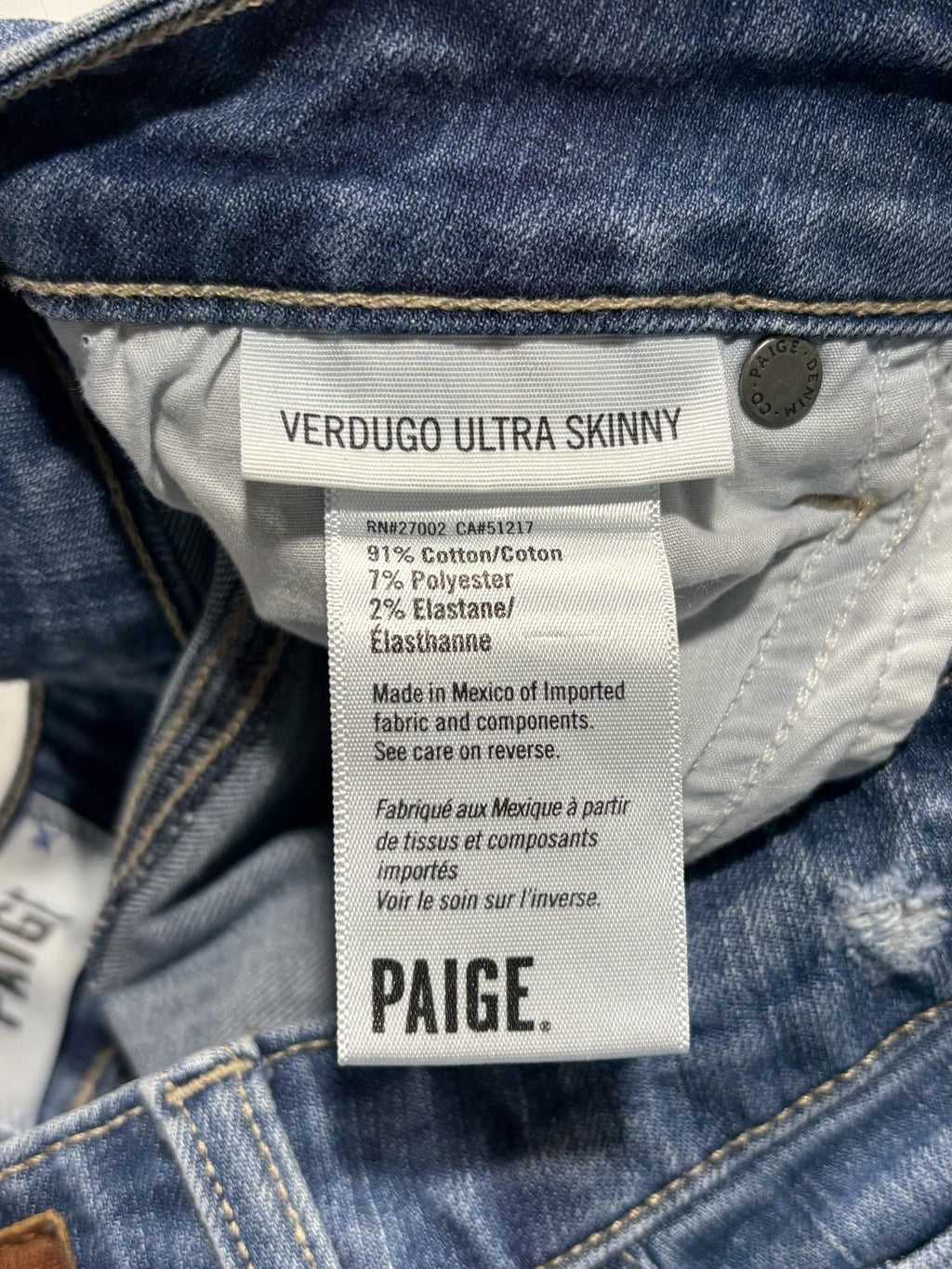 Paige Verdugo Ultra Skinny Jeans Womens 27 Blue Distressed 28x28.5 Stretch