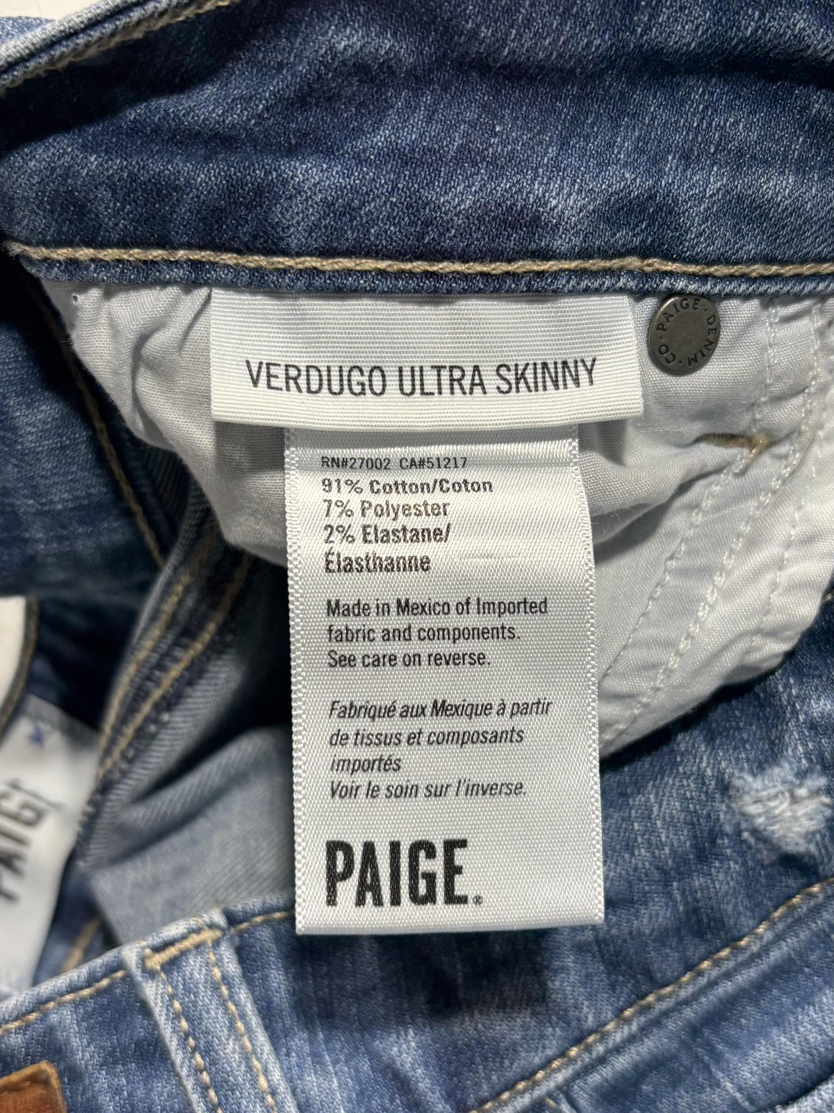 Paige Verdugo Ultra Skinny Jeans Womens 27 Blue Distressed 28x28.5 Stretch