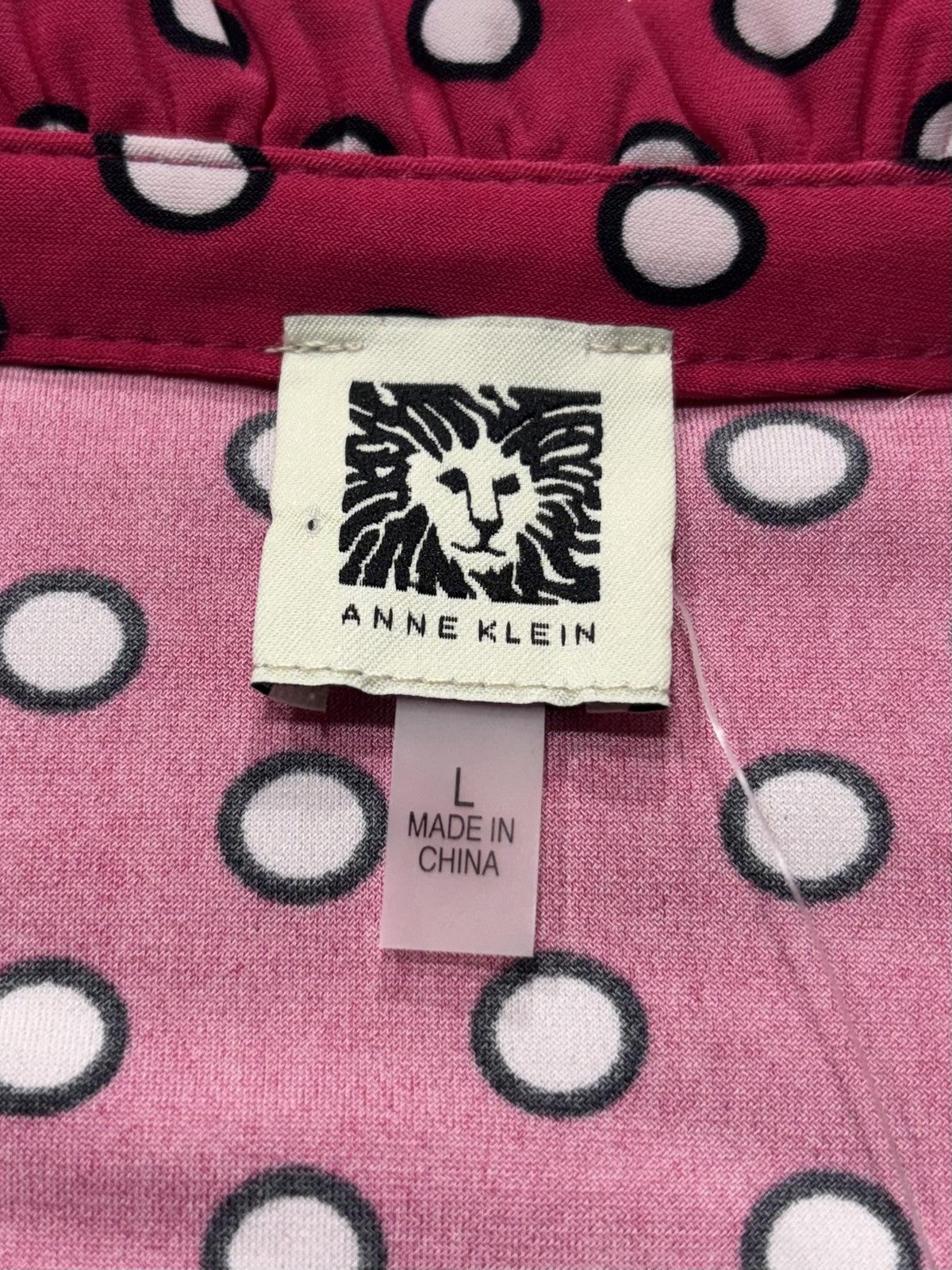 Anne Klein Blouse Womens Large Pink Polka Dot Henley Long Sleeve Jersey Top