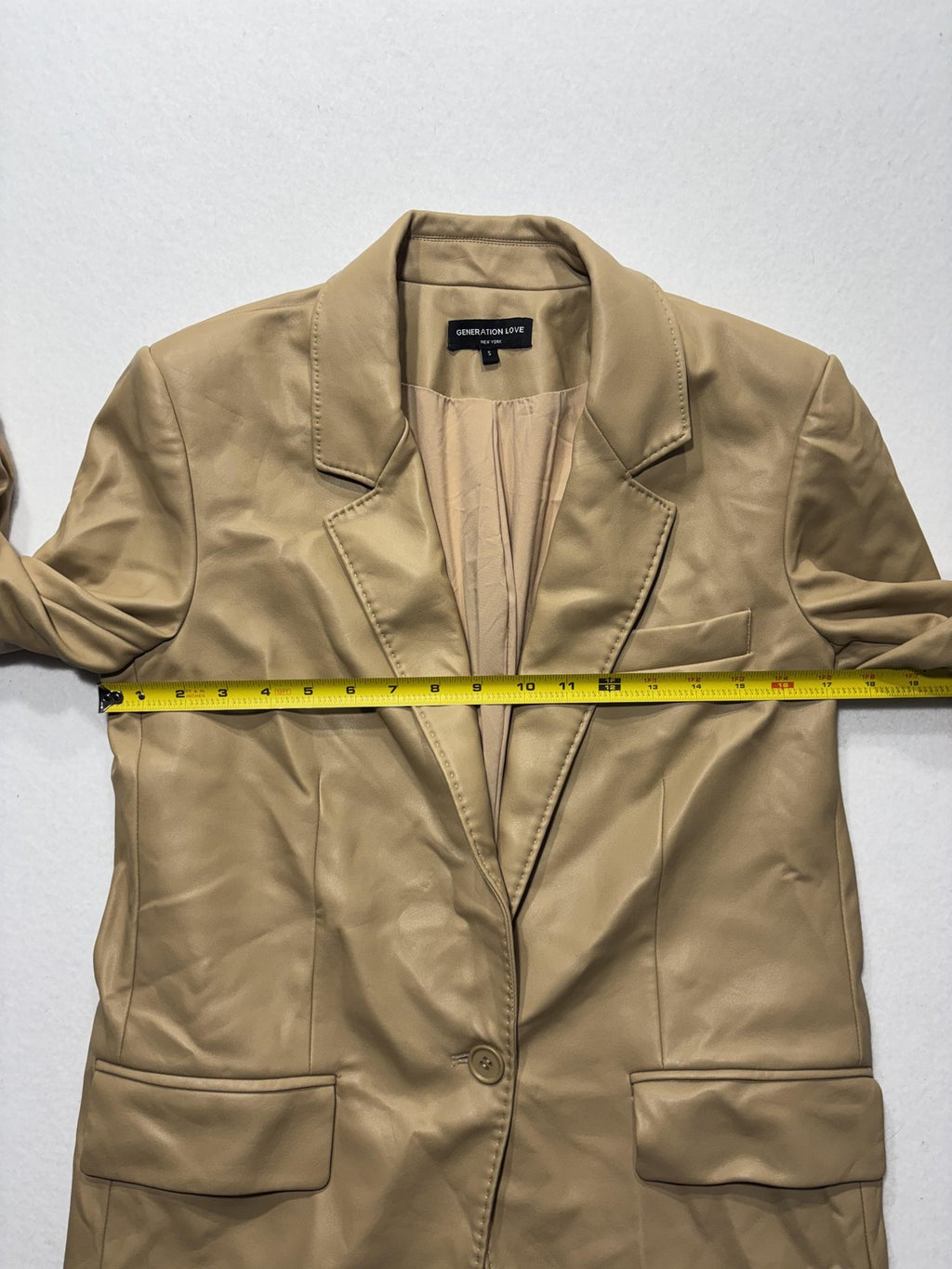 Generation Love Blazer Womens S Beige Faux Leather Ruched Sleeve Lined Jacket