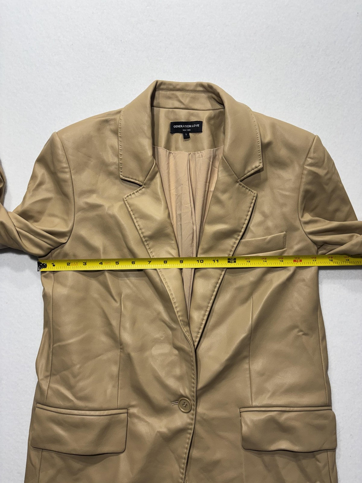 Generation Love Blazer Womens S Beige Faux Leather Ruched Sleeve Lined Jacket