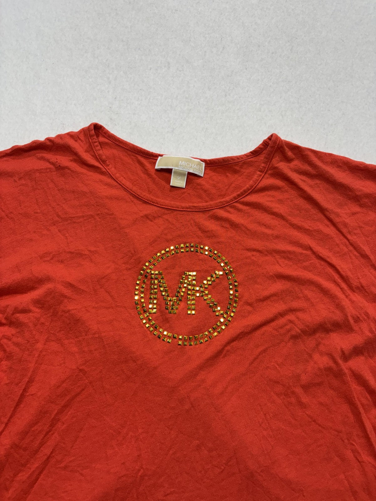 Michael Kors Shirt Womens Medium Orange Scoop Neck Dolman MK Logo Studded Tee