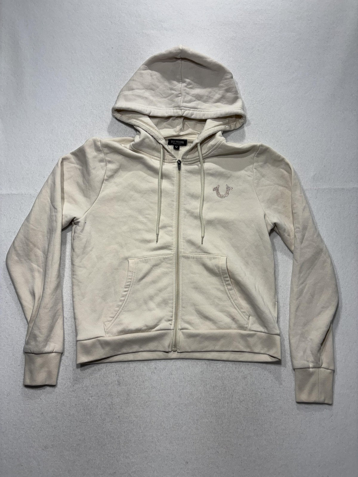 True Religion Hoodie Womens XL White Rhinestone Logo Full Zip Graphic Buddha