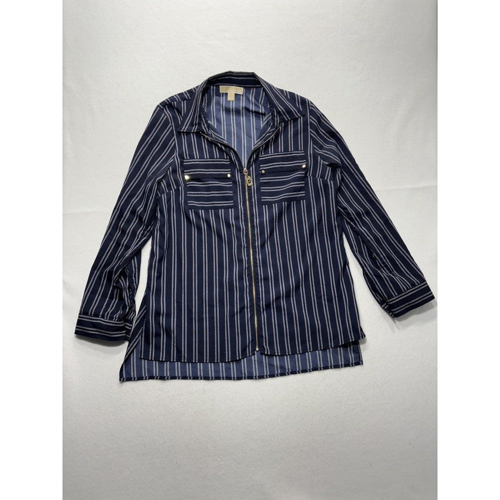 MICHAEL Michael Kors Blouse Womens Large Blue Stripe Zip Tunic Long Sleeve Top