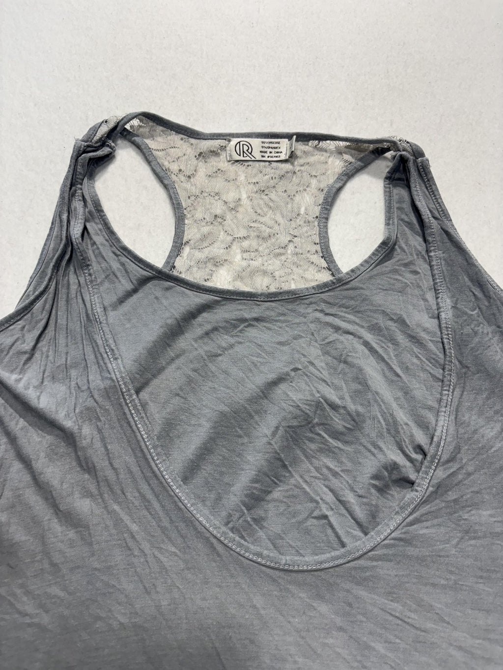Tank Top Womens L Gray Scoop Neck Lace Racerback Knot Hem Summer Casual Stretch