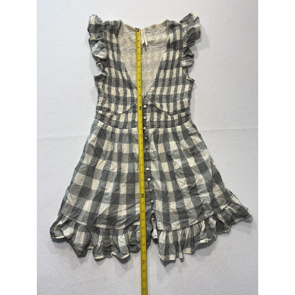 Anthropologie Dress Womens Small Gray Check V Neck Smocked Ruffle Sundress Boho