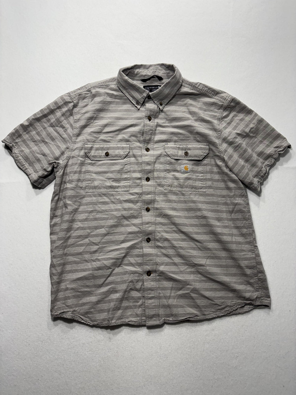 Carhartt Shirt Mens XL Gray Striped Loose Fit Short Sleeve Button Up Workwear