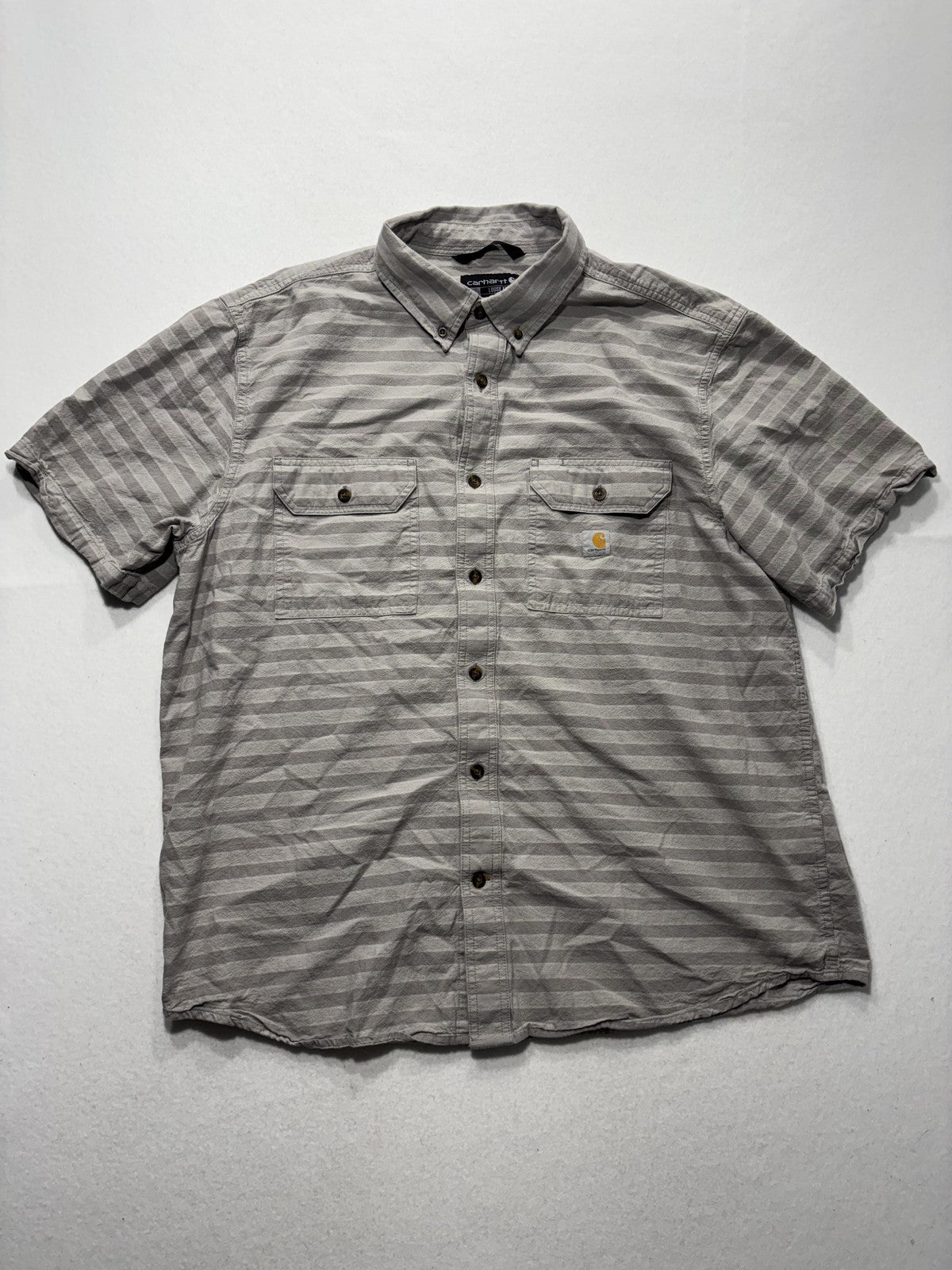 Carhartt Shirt Mens XL Gray Striped Loose Fit Short Sleeve Button Up Workwear