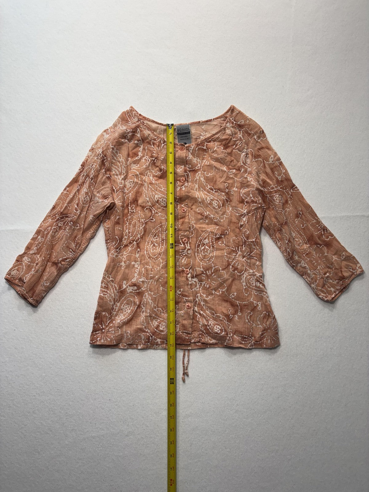 Columbia Blouse Womens Small Brown Paisley 3/4 Sleeve Tunic Button Front Cotton