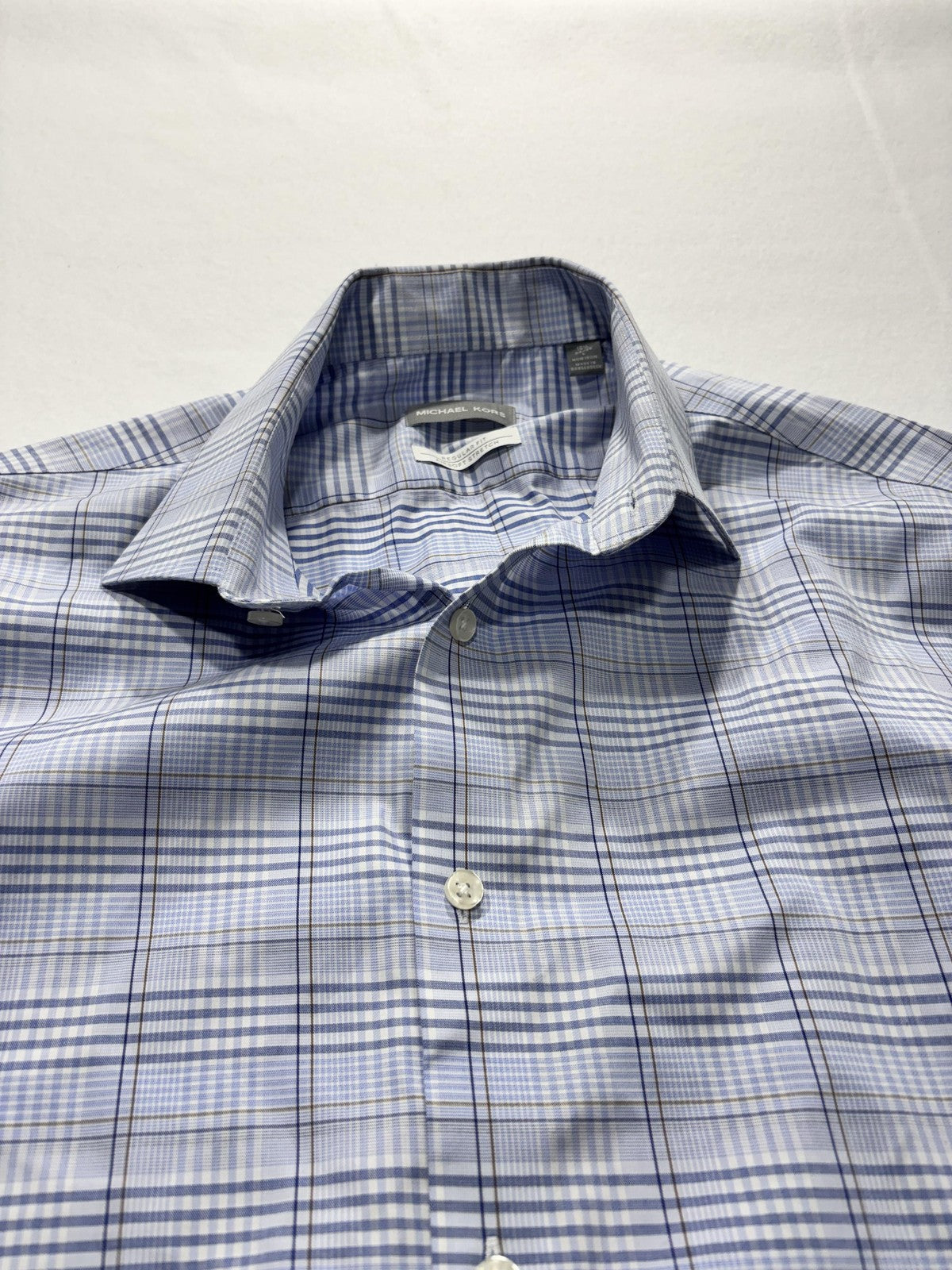 Michael Kors Dress Shirt Mens Large Blue Plaid Long Sleeve Non Iron Stretch