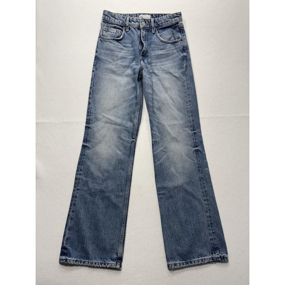 Zara Jeans Womens 2 Blue Medium Wash Straight Leg Mid Rise 24x30.5 Distressed