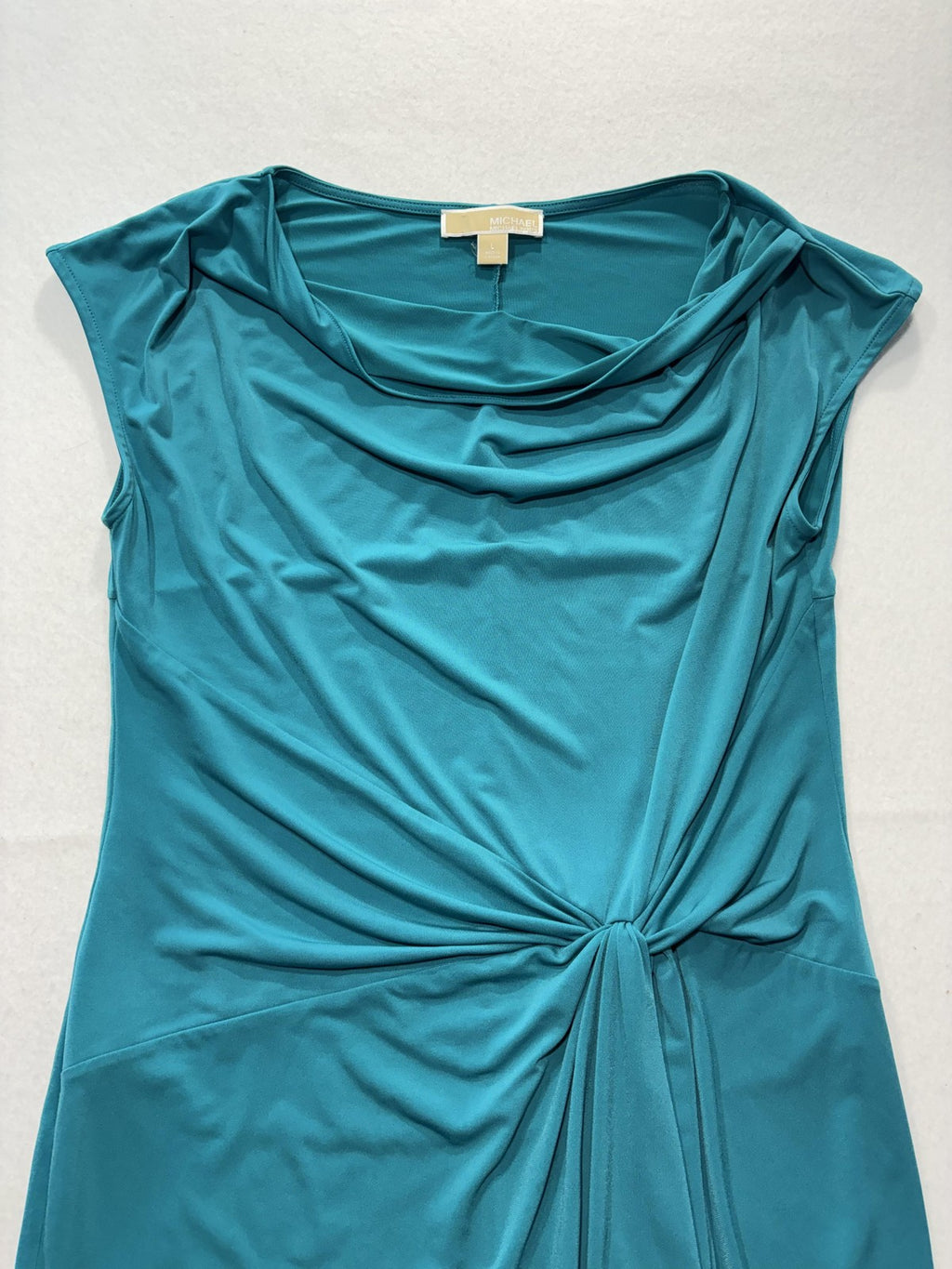 MICHAEL Michael Kors Dress Womens Large Blue Cowl Neck Ruched Sheath Knee Length