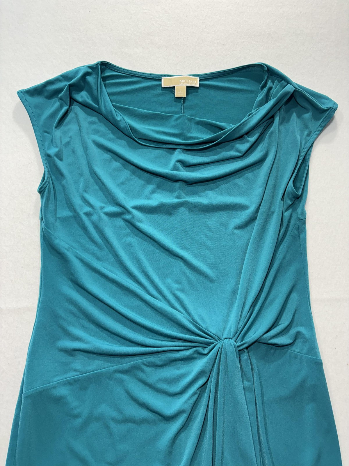 MICHAEL Michael Kors Dress Womens Large Blue Cowl Neck Ruched Sheath Knee Length