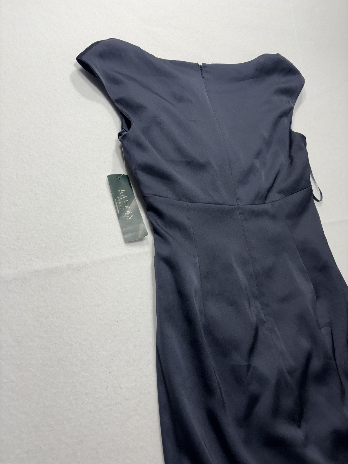 Lauren Ralph Lauren Evening Dress Womens 8 Blue Ruched Satin Sheath Knee Length