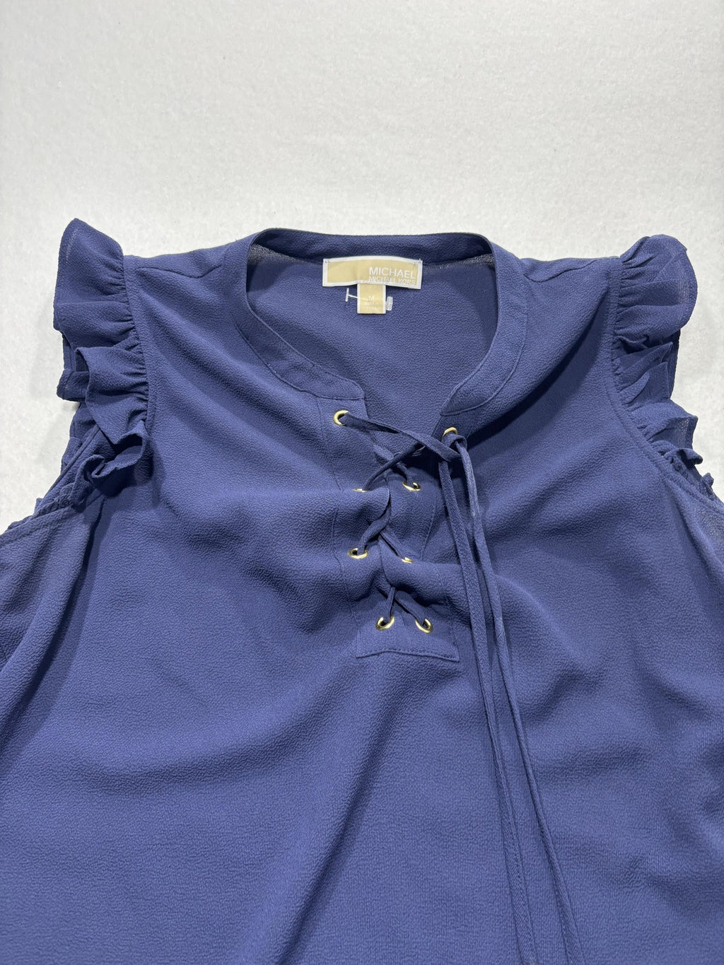 MICHAEL Michael Kors Blouse Womens Medium Blue V Neck Ruffle Sleeve Lace Up Top