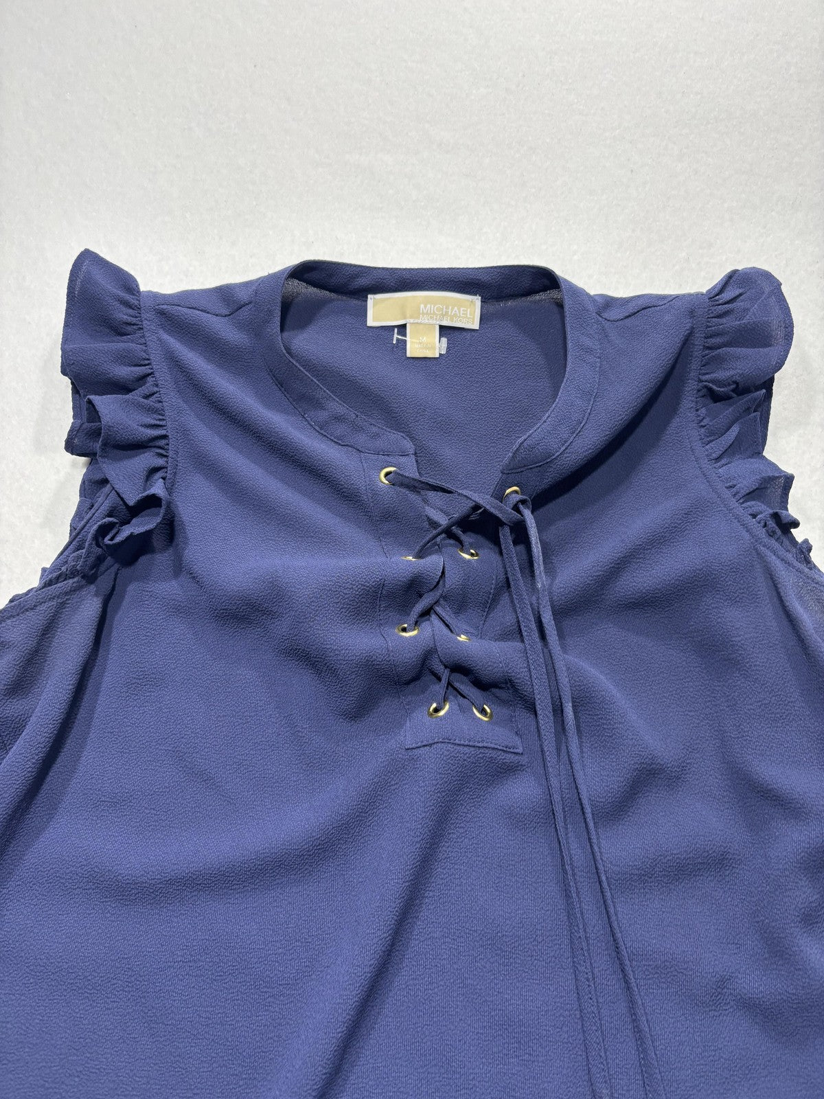 MICHAEL Michael Kors Blouse Womens Medium Blue V Neck Ruffle Sleeve Lace Up Top