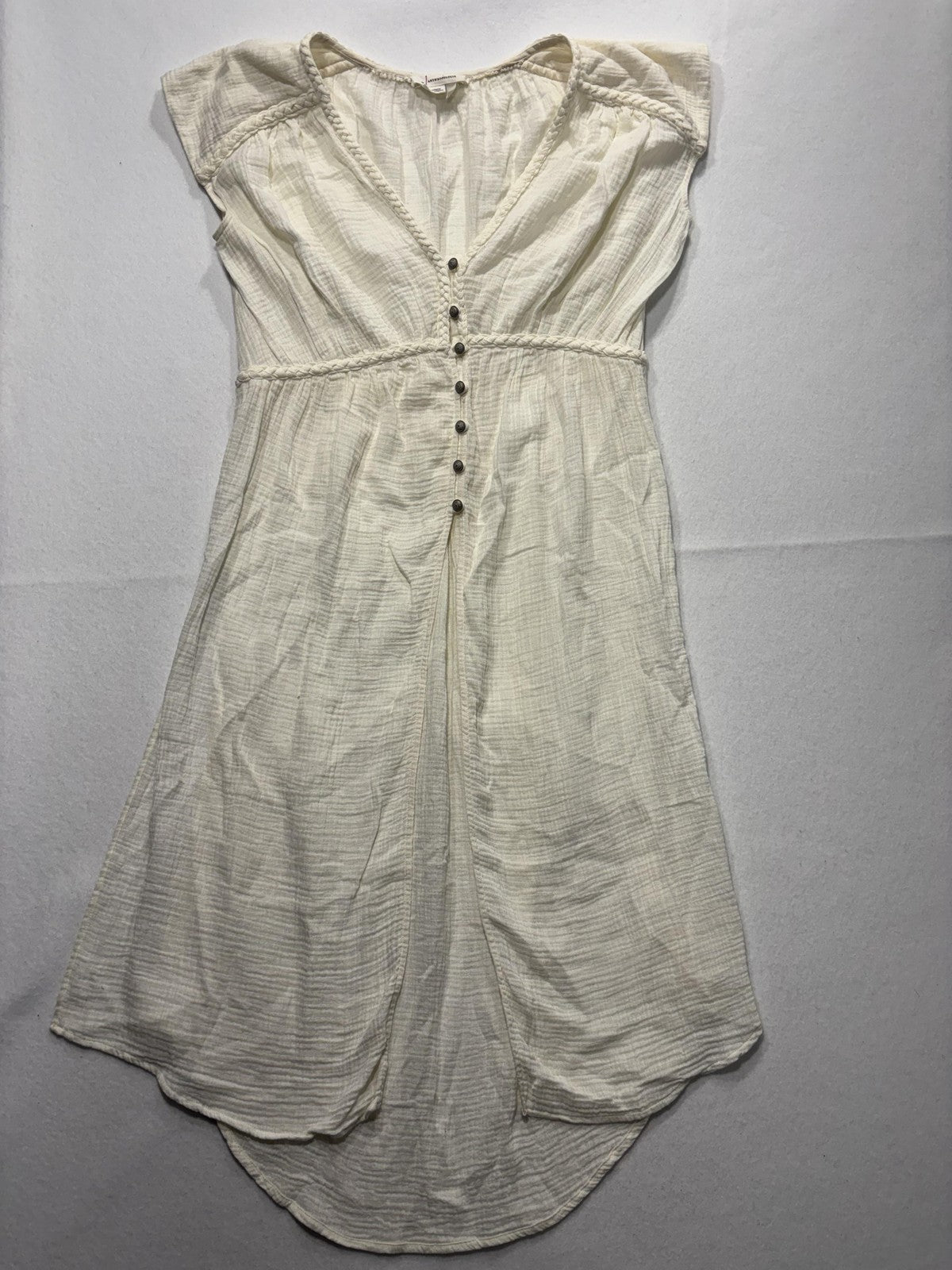 Anthropologie Dress Womens Medium White V Neck Button Front Braided Hi Low Boho