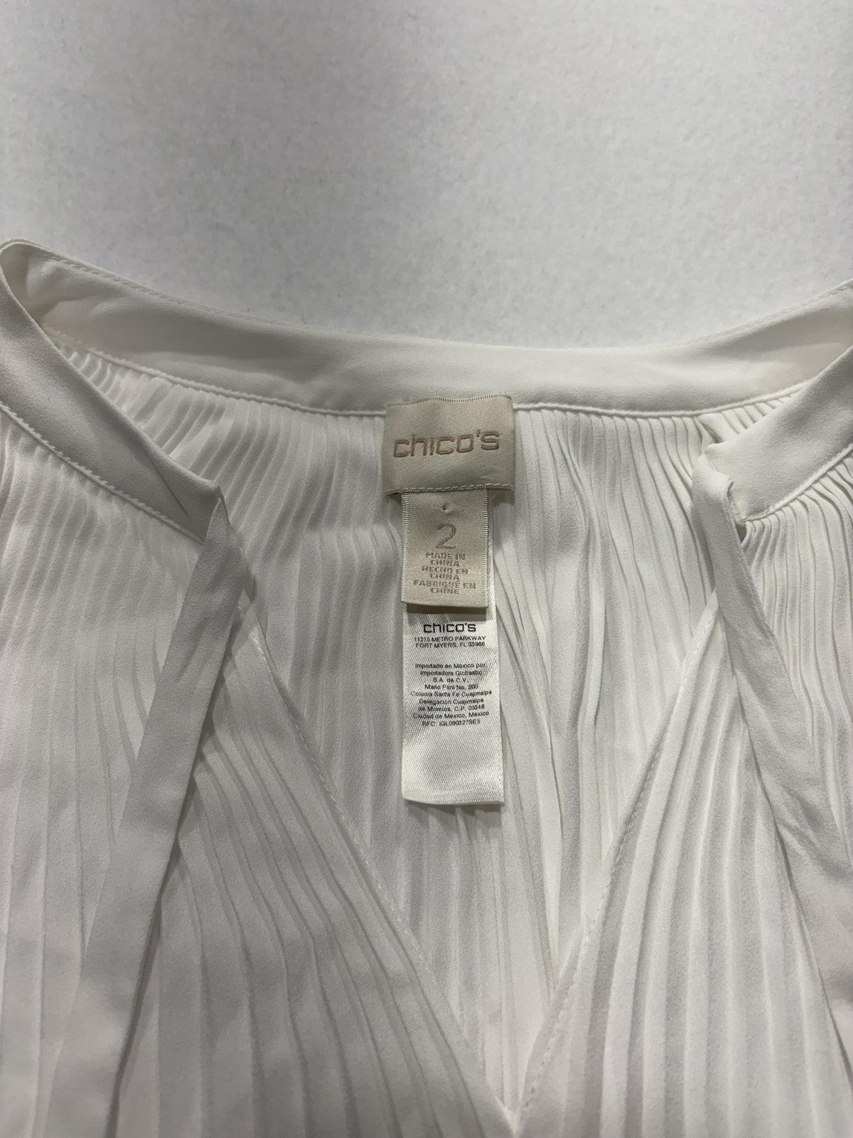 Chico's Blouse Womens 2 White Pleated V Neck Long Balloon Sleeve Tunic Top