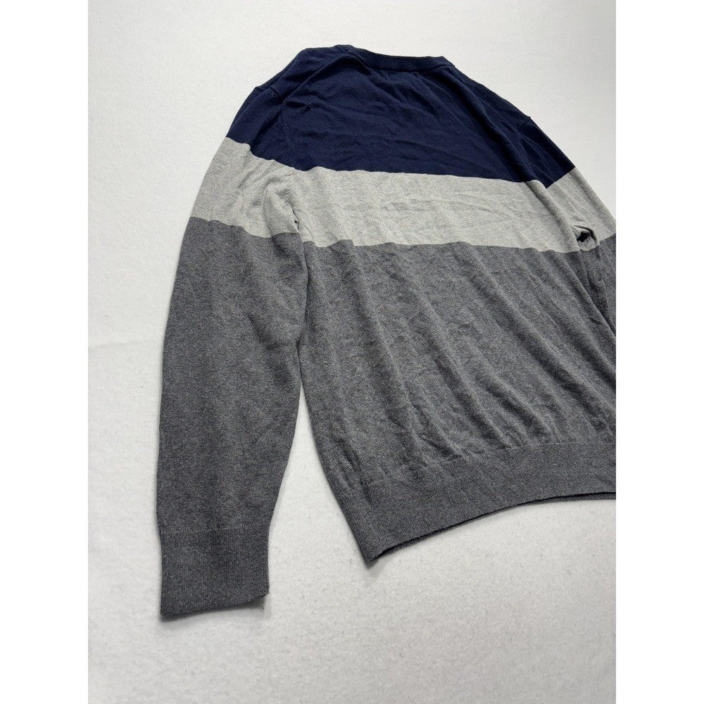 Banana Republic Mens Large Blue Gray Striped Crew Neck Luxe Yarn Knit Sweater