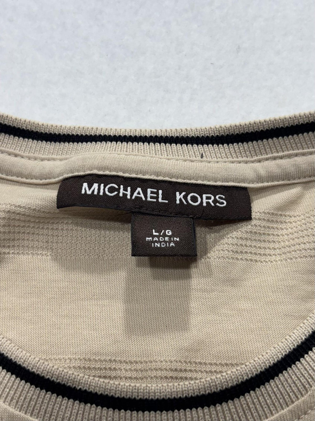 Michael Kors Shirt Mens Large Beige Textured Stripe Crew Neck Short Sleeve Tee