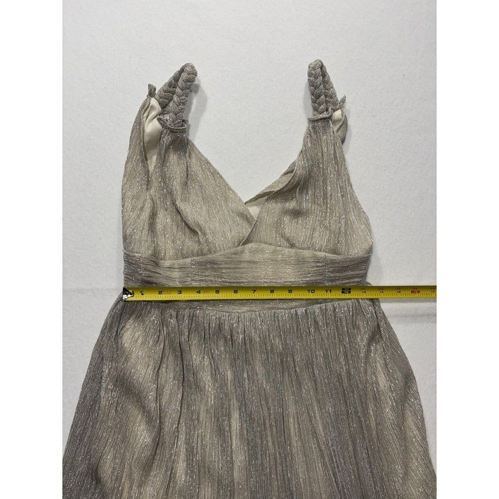 LINI Katherine Dress Womens Medium Champagne Metallic Pleated V Neck Maxi