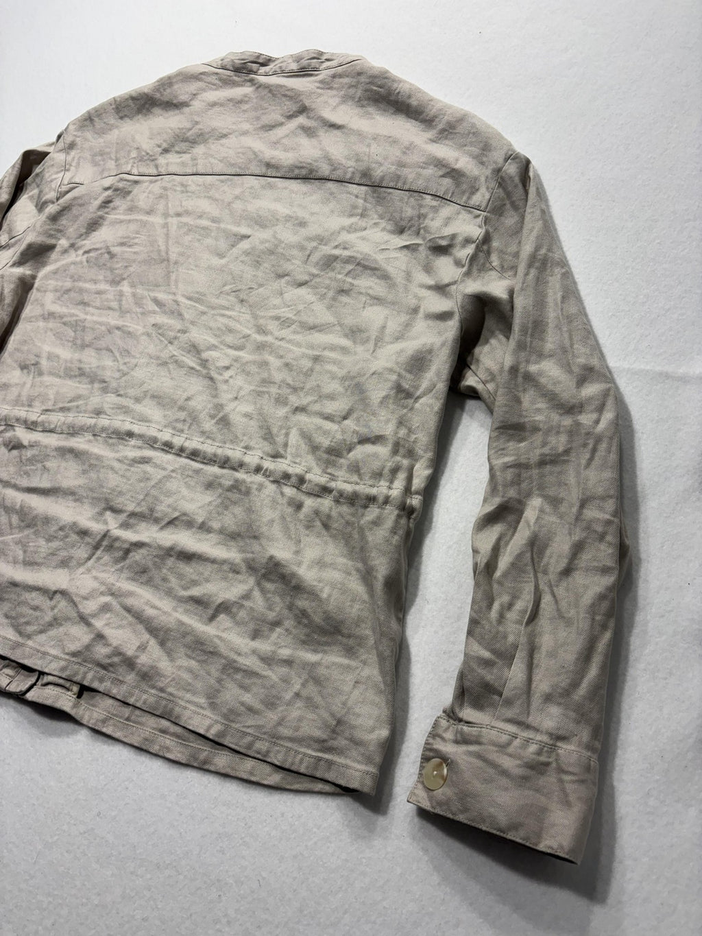Maeve Jacket Womens L Beige Linen Blend Collarless Full Zip Waist Drawstring