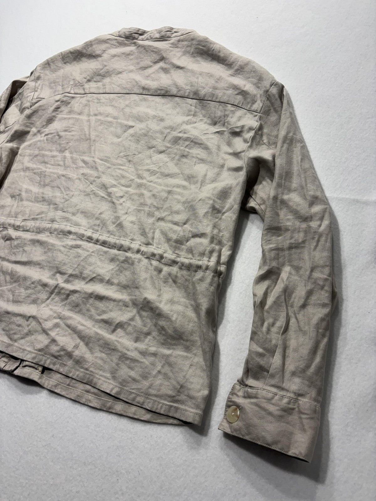 Maeve Jacket Womens L Beige Linen Blend Collarless Full Zip Waist Drawstring