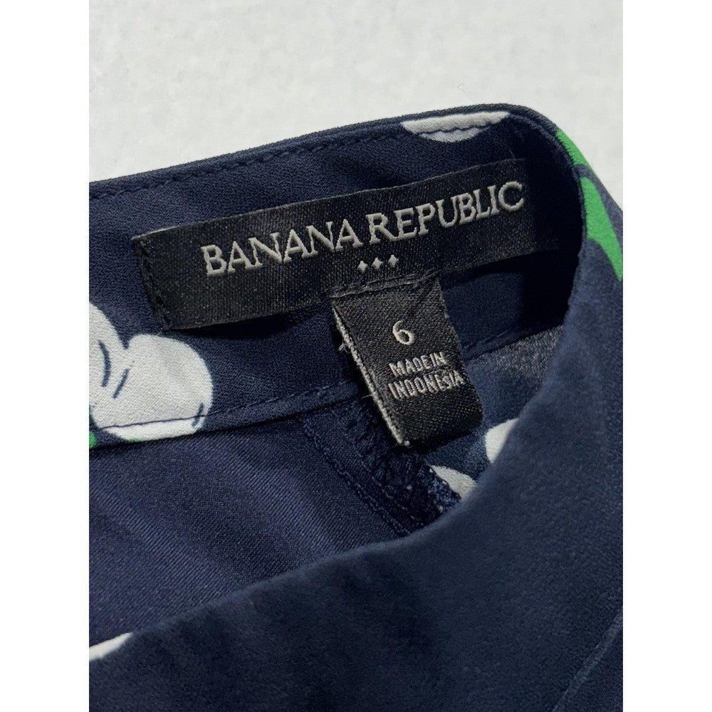 Banana Republic Dress Womens 6 Blue Cherry Print Mock Neck Long Sleeve Fit Flare