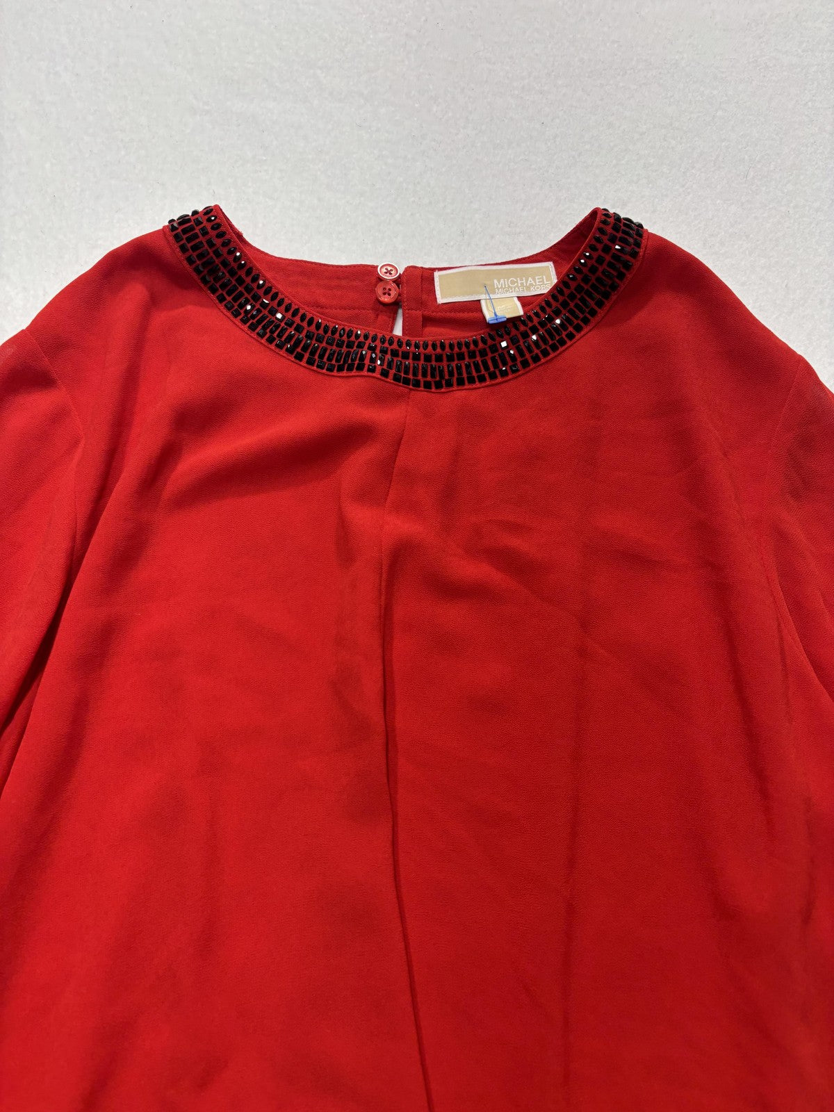 MICHAEL Michael Kors Blouse Womens Medium Red Sequin Neck 3/4 Sleeve Tunic Top