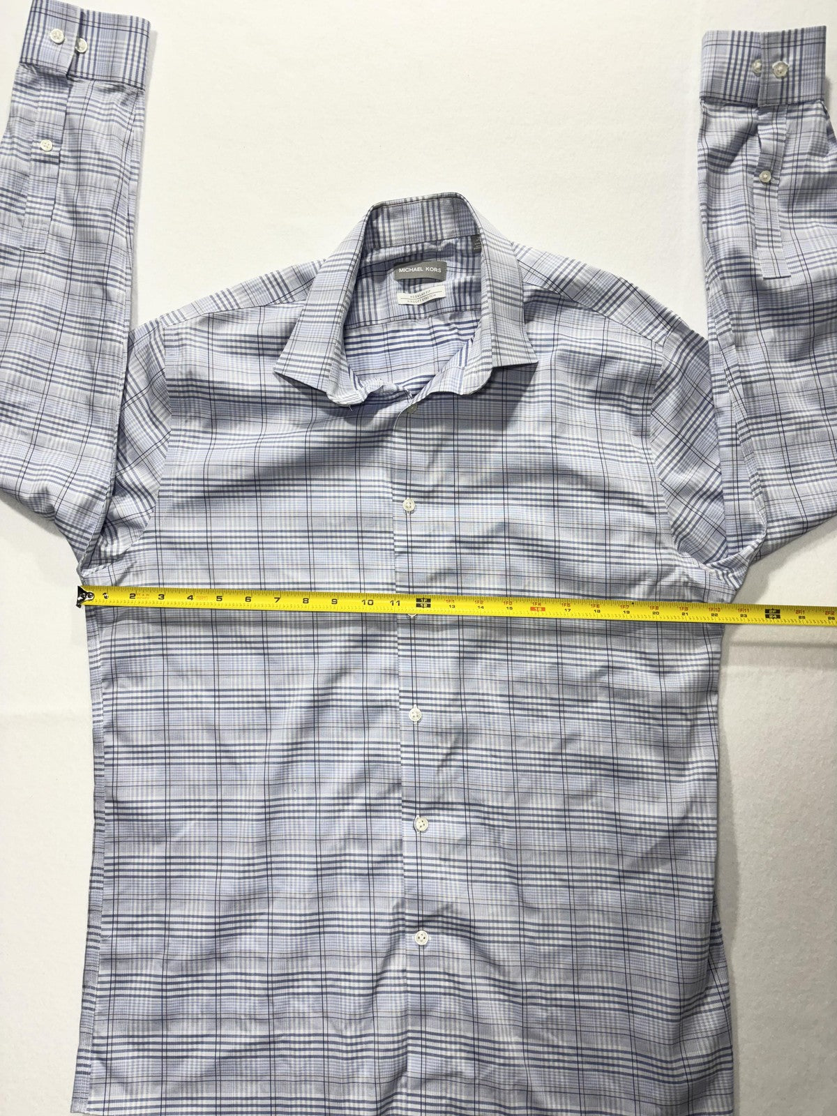 Michael Kors Dress Shirt Mens Large Blue Plaid Long Sleeve Non Iron Stretch