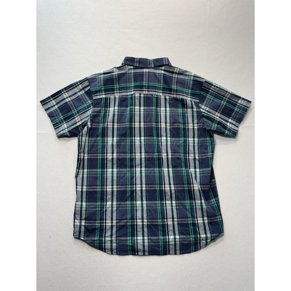Columbia Shirt Mens Large Blue Green Plaid Short Sleeve Button Up Casual Stretch