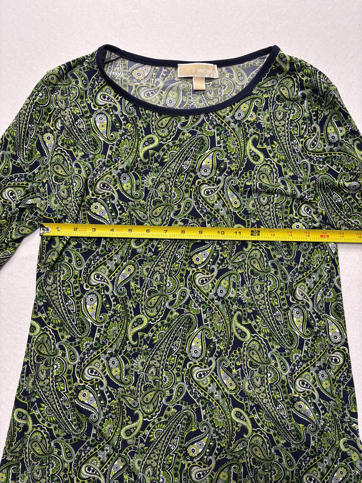 MICHAEL Michael Kors Dress Womens Large Blue Green Paisley Shift Bell Sleeve