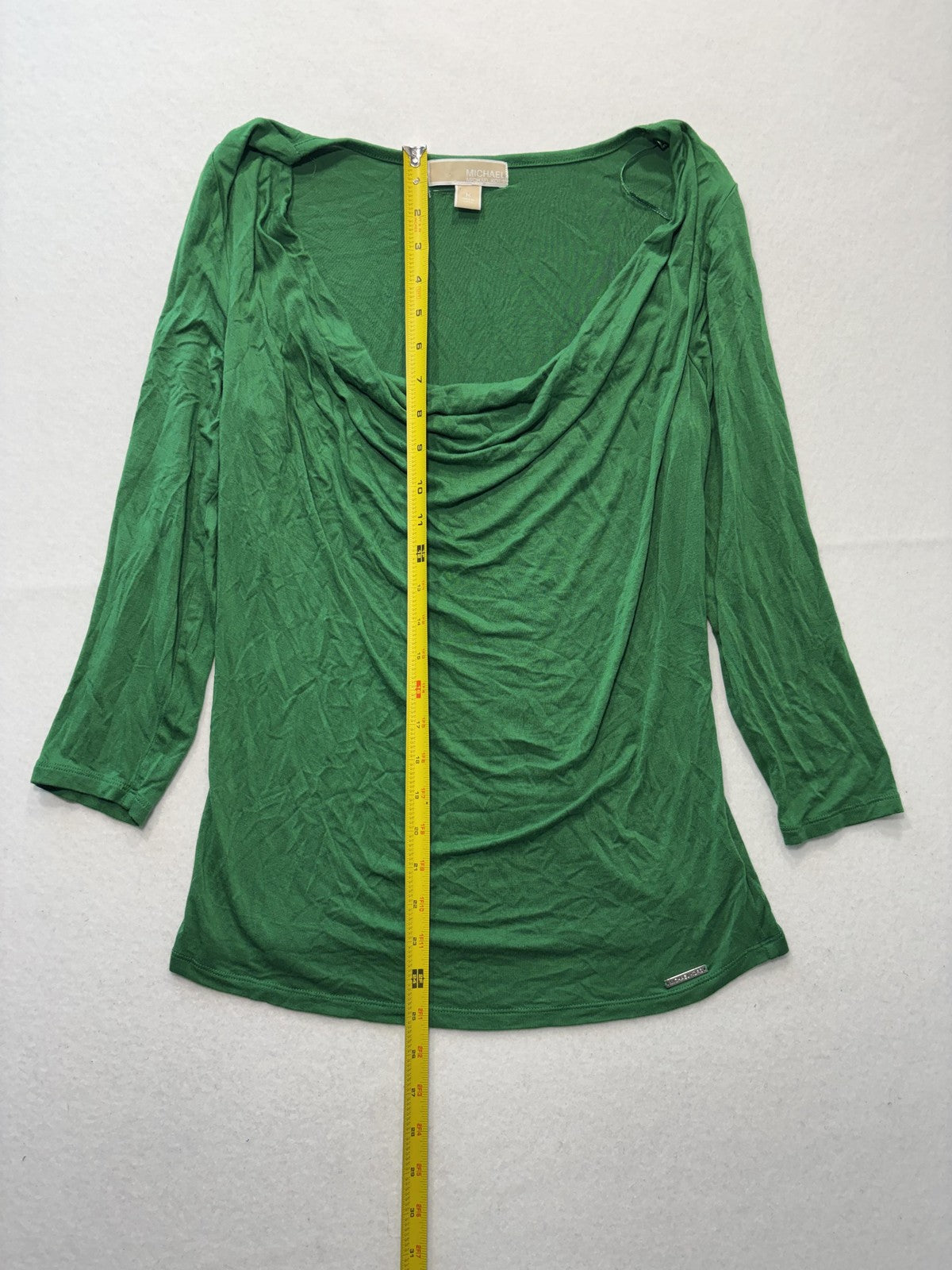 Michael Kors Top Womens Medium Green Cowl Neck 3/4 Sleeve Stretch Tunic Blouse