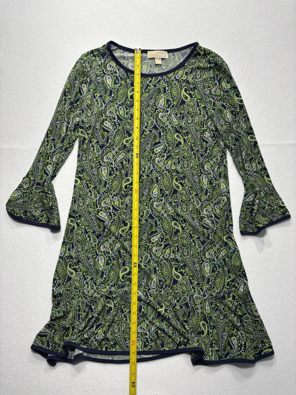 MICHAEL Michael Kors Dress Womens Large Blue Green Paisley Shift Bell Sleeve