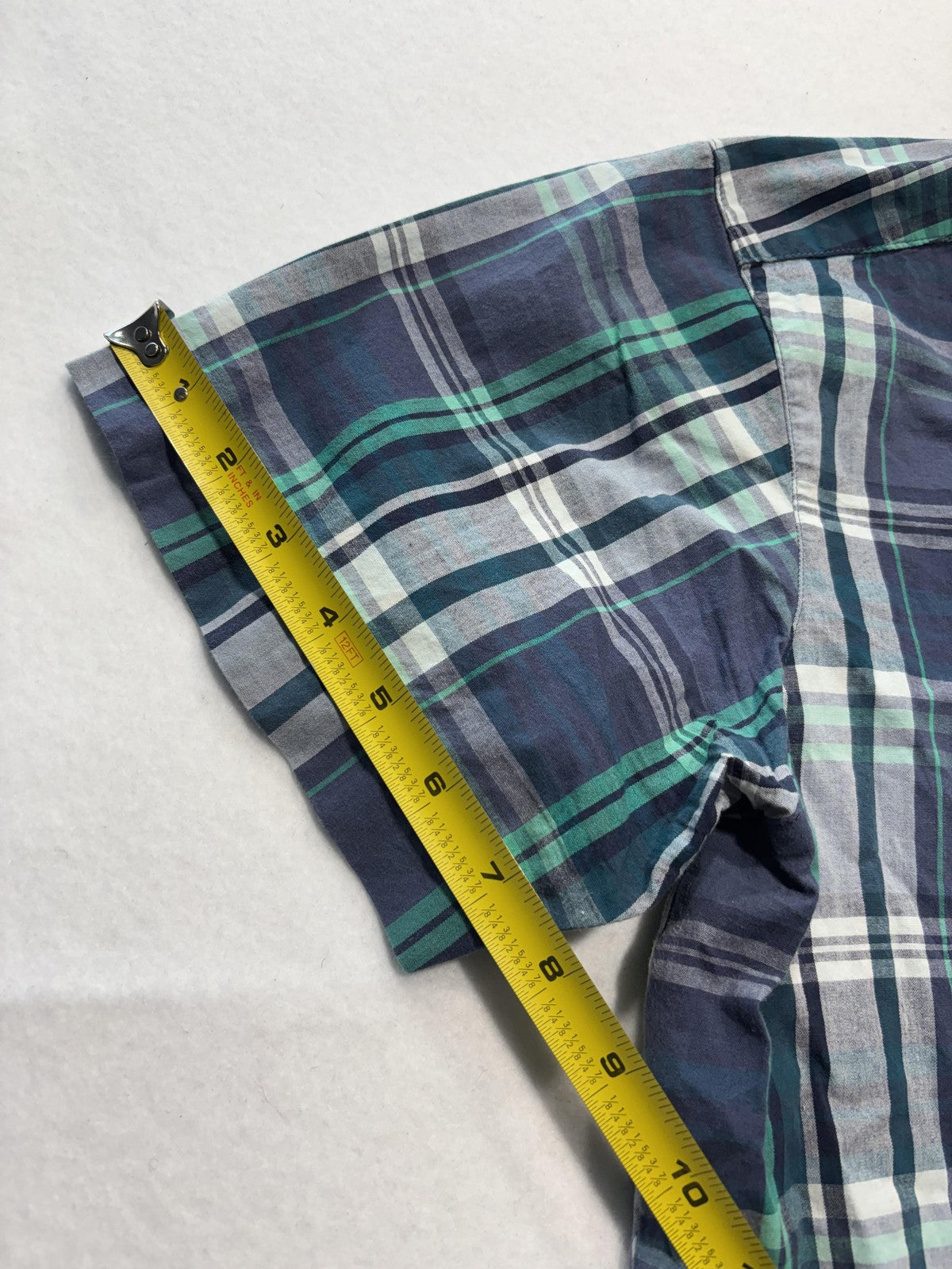 Columbia Shirt Mens Large Blue Green Plaid Short Sleeve Button Up Casual Stretch