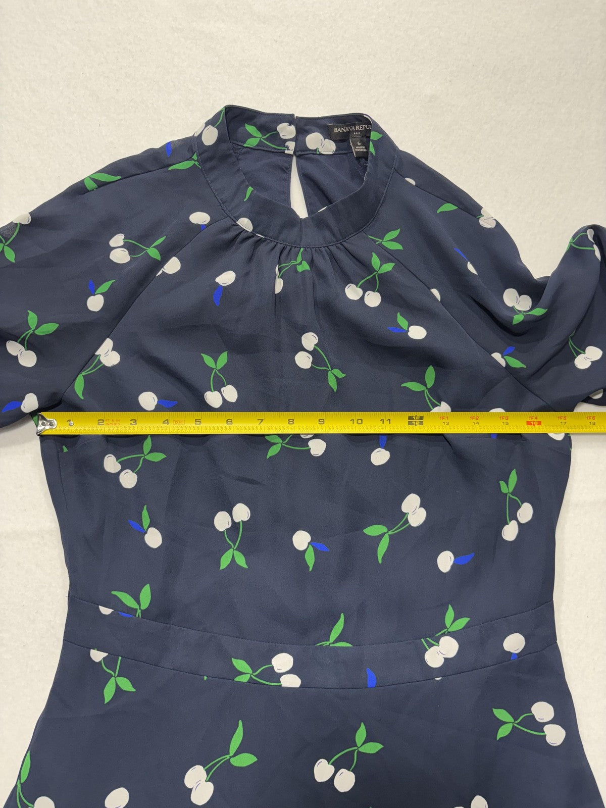 Banana Republic Dress Womens 6 Blue Cherry Print Mock Neck Long Sleeve Fit Flare