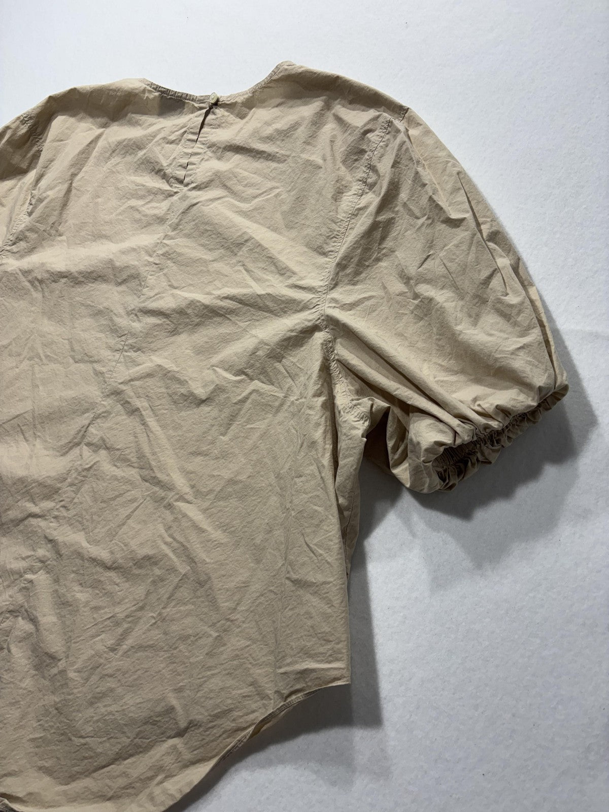 GREI. Blouse Womens 2 Beige Round Neck Short Balloon Sleeve Cotton Relaxed Top