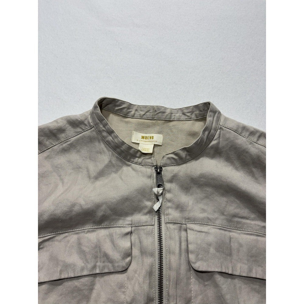 Maeve Anthropologie Womens L Beige Linen Collarless Zip Utility Jacket OB1534006