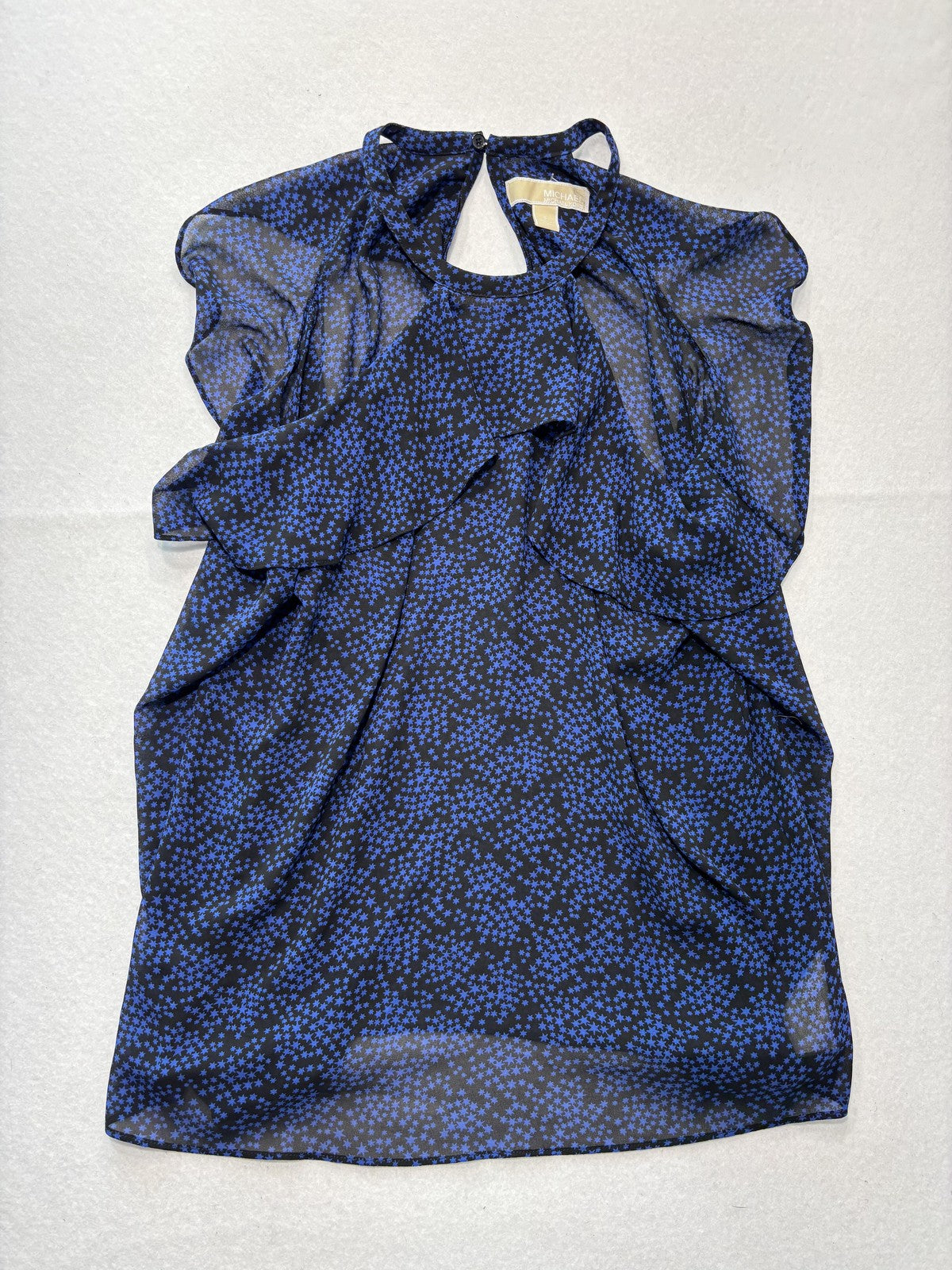 MICHAEL Michael Kors Blouse Womens Small Blue Star Print High Neck Ruffle Sheer
