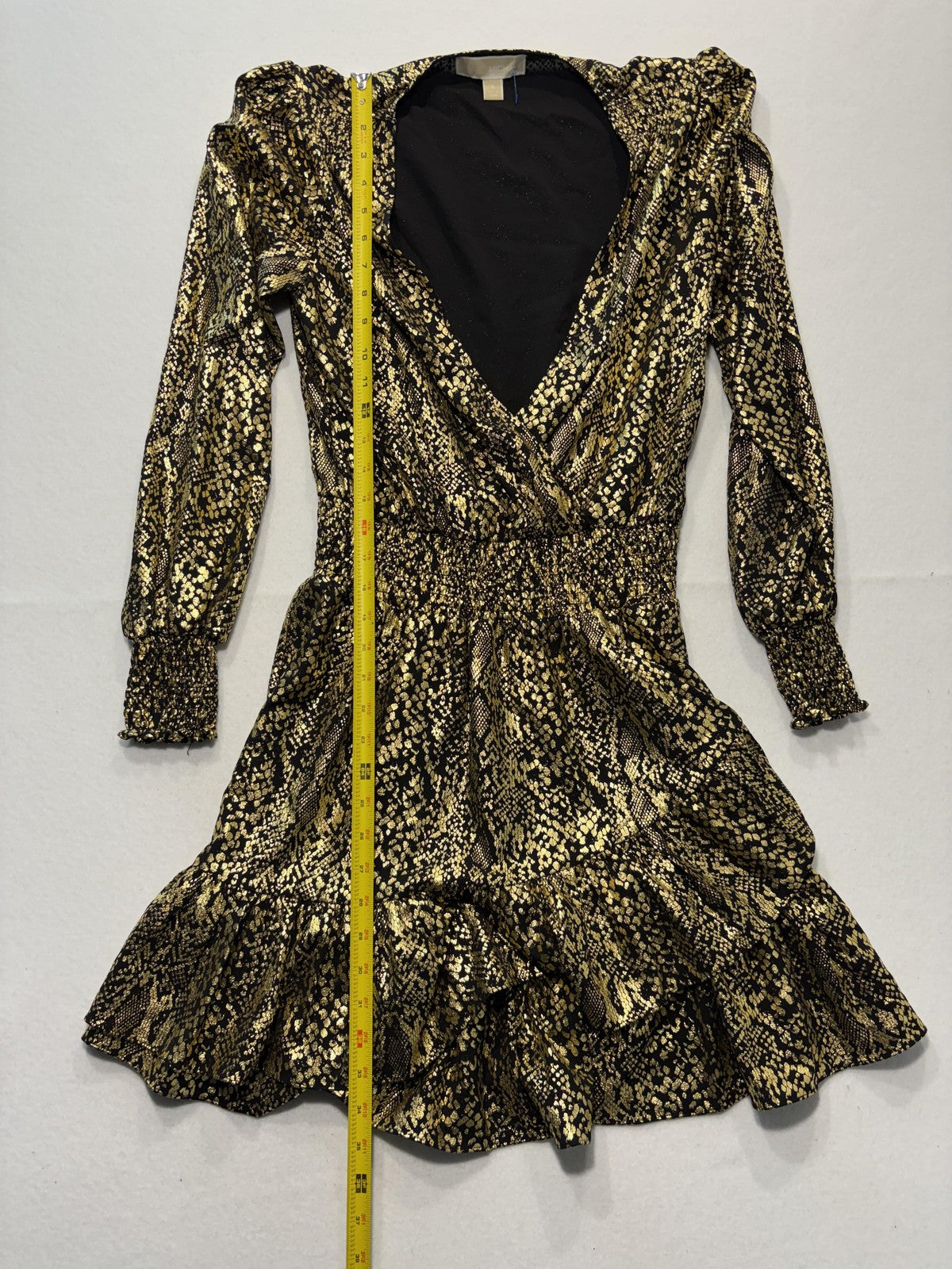 MICHAEL Michael Kors Dress Womens Small Gold Animal Print Long Sleeve Ruffle
