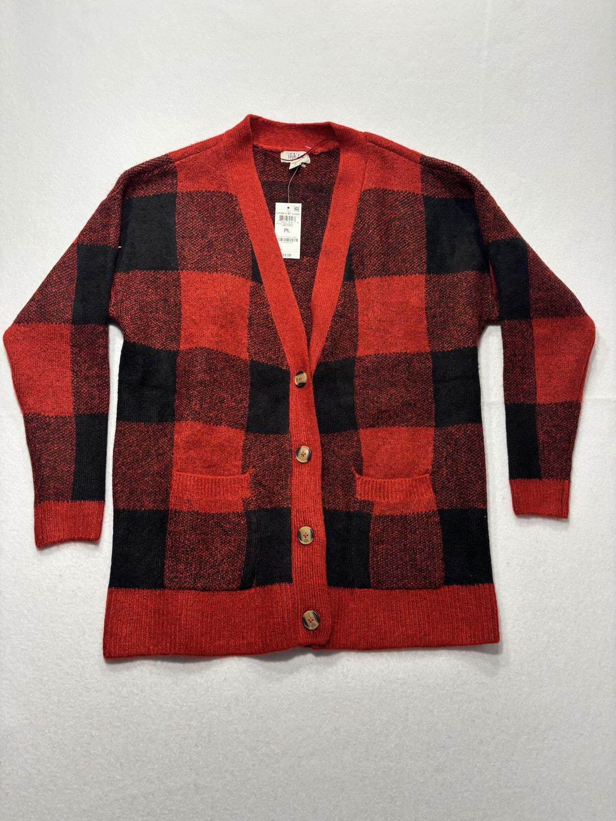 Style&co. Cardigan Womens PL Red Buffalo Plaid Chunky Knit Button Front Pockets