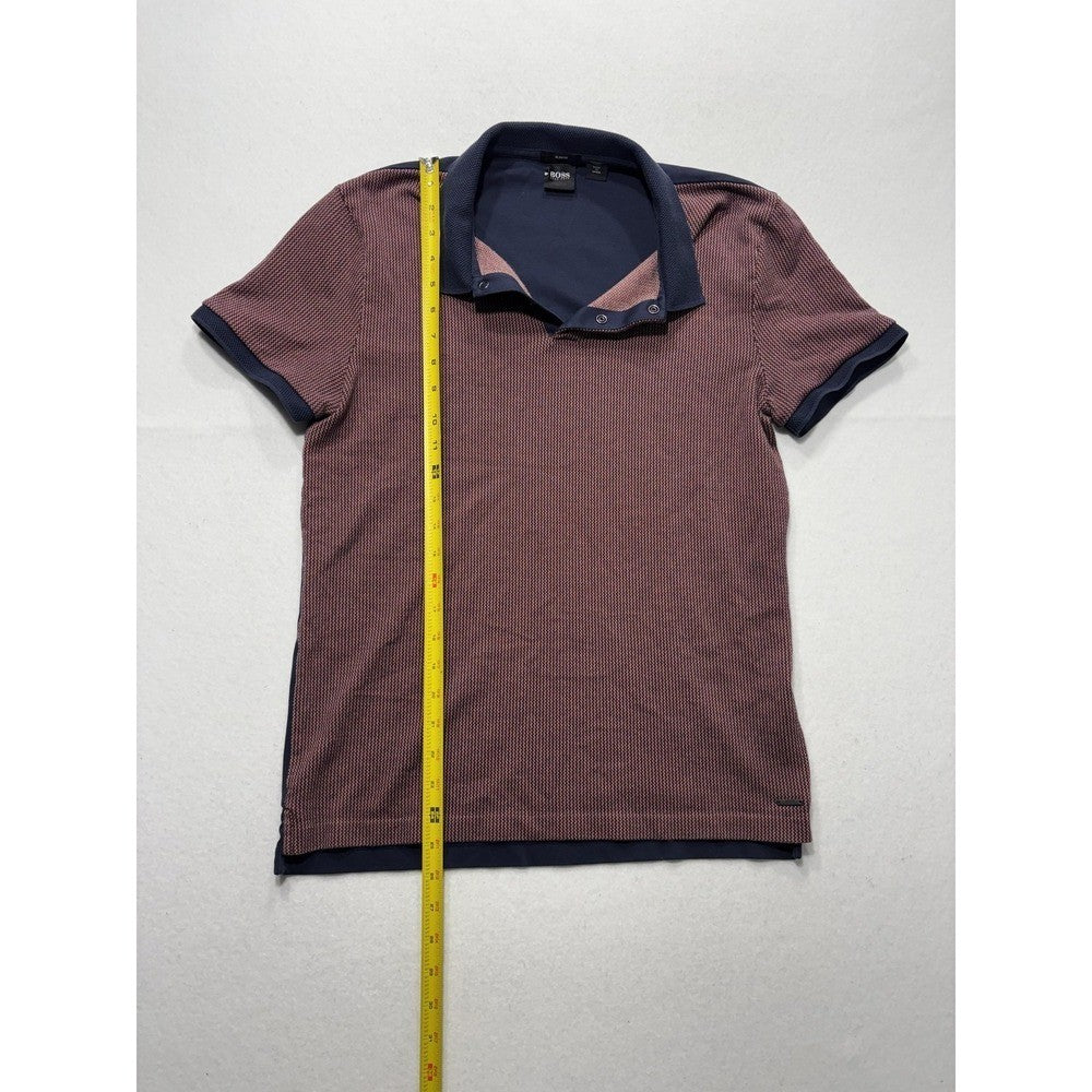 Hugo Boss Polo Shirt Mens Medium Blue Slim Fit Geometric Knit Short Sleeve