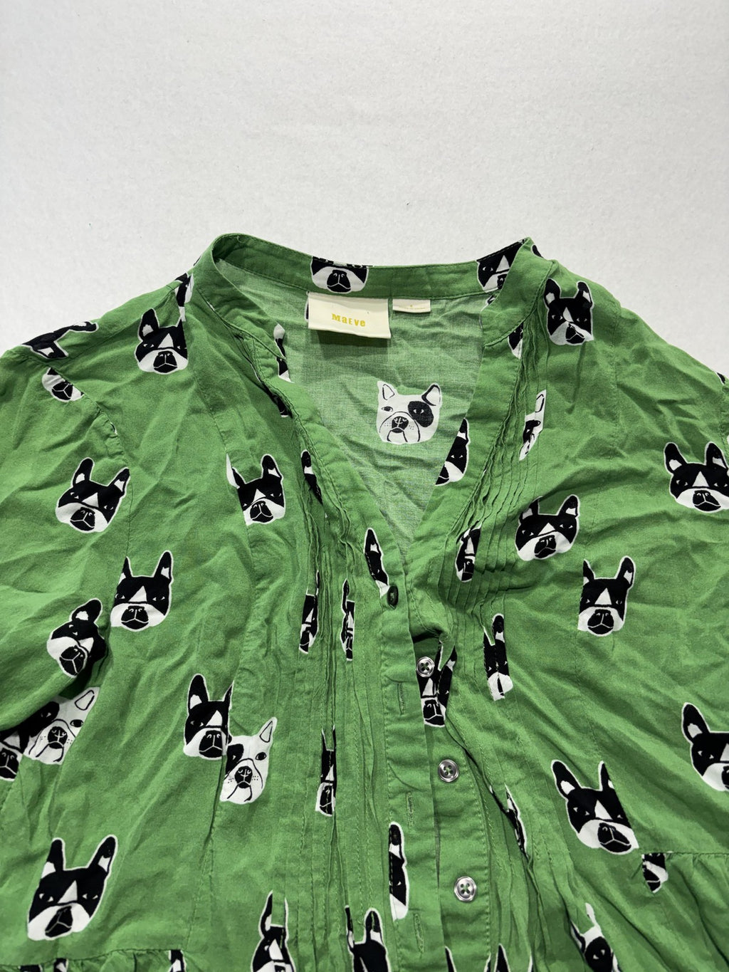 Maeve Blouse Womens 6 Green Dog Print Henley Long Roll Tab Sleeve Tunic Top