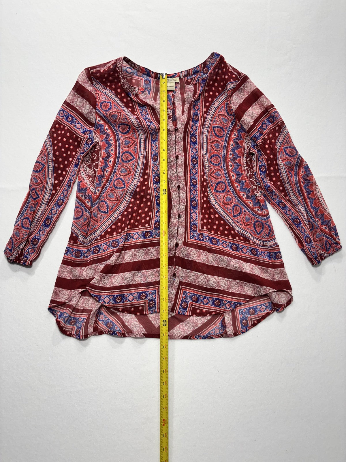 Lucky Brand Blouse Womens Small Red Paisley Long Sleeve Tunic Top Boho