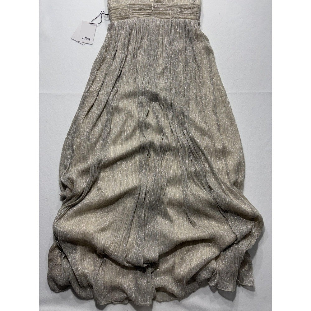 LINI Katherine Dress Womens Medium Champagne Metallic Pleated V Neck Maxi