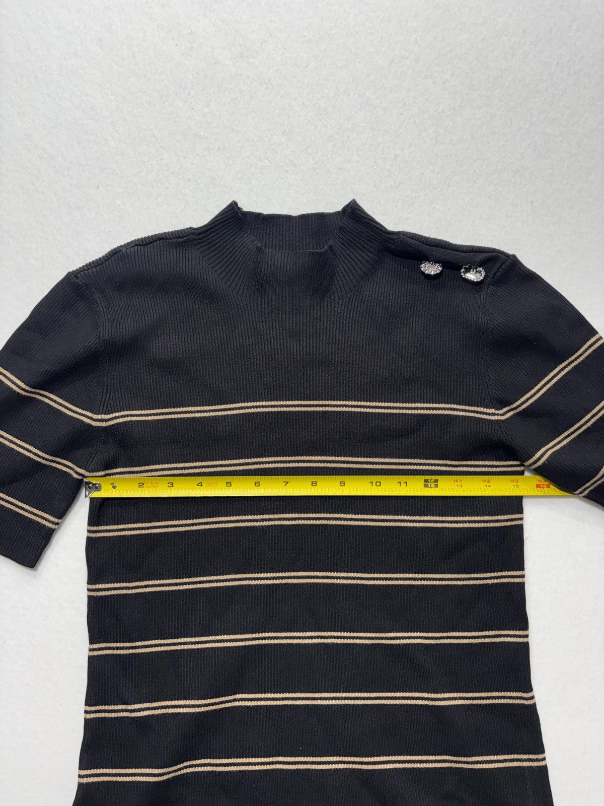 Ellen Tracy Sweater Womens Large Black Stripe Mock Neck Jeweled Shoulder Knit