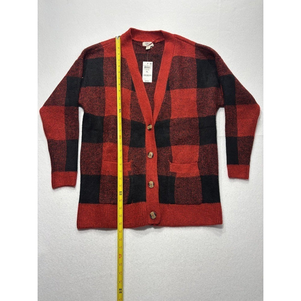 Style&co. Cardigan Womens PL Red Buffalo Plaid Chunky Knit Button Front Pockets